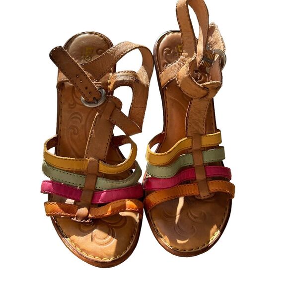 Born Riviera B41302 Strappy Leather Platform Heel Sandals Women's 7 Citrus Combo - Picture 1 of 4